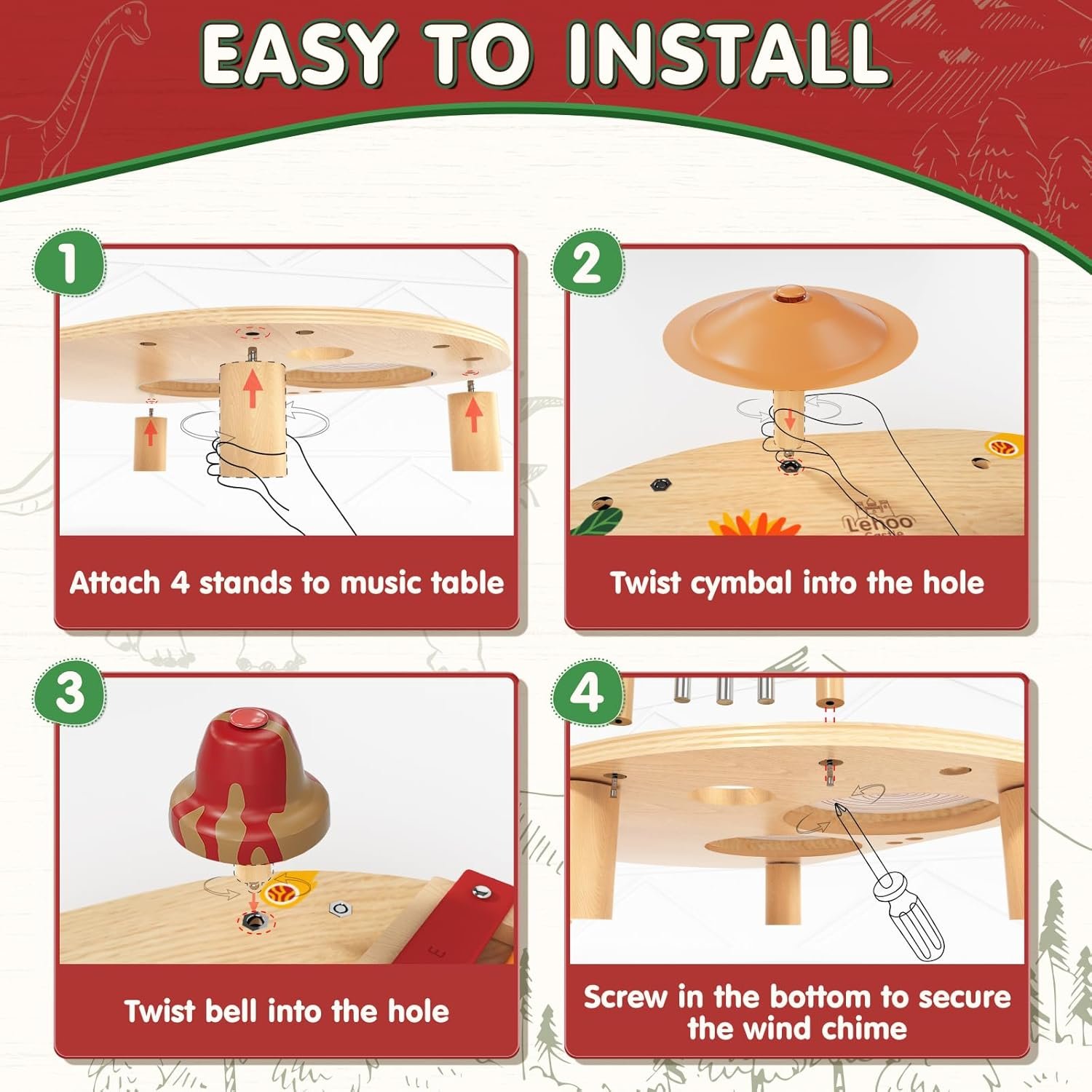 Lehoo Castle Baby Drum Set, Wooden Musical Instruments, Montessori Toys for Toddlers 1-3, Percussion Set with Xylophone Maracas Egg Shaker Drum Sticks, Preschool Christmas Birthday Gift - Image 6