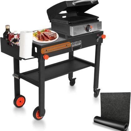 Outdoor Grill Cart with Wheels, Blackstone Griddle Stand for 17" & 22", Folding Grill Table for Weber Grill, Ninja Woodfire Outdoor Grill, Portable Grill Table for Griddle Accessories