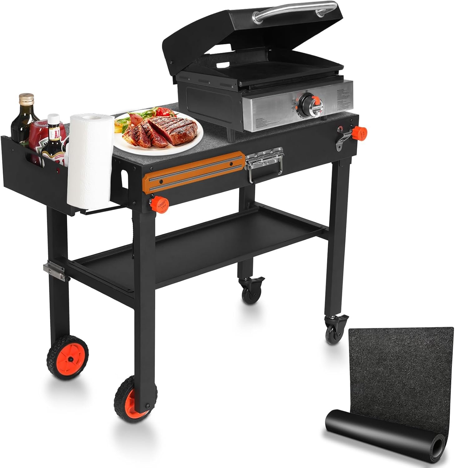 Outdoor Grill Cart with Wheels, Blackstone Griddle Stand for 17" & 22", Folding Grill Table for Weber Grill, Ninja Woodfire Outdoor Grill, Portable Grill Table for Griddle Accessories