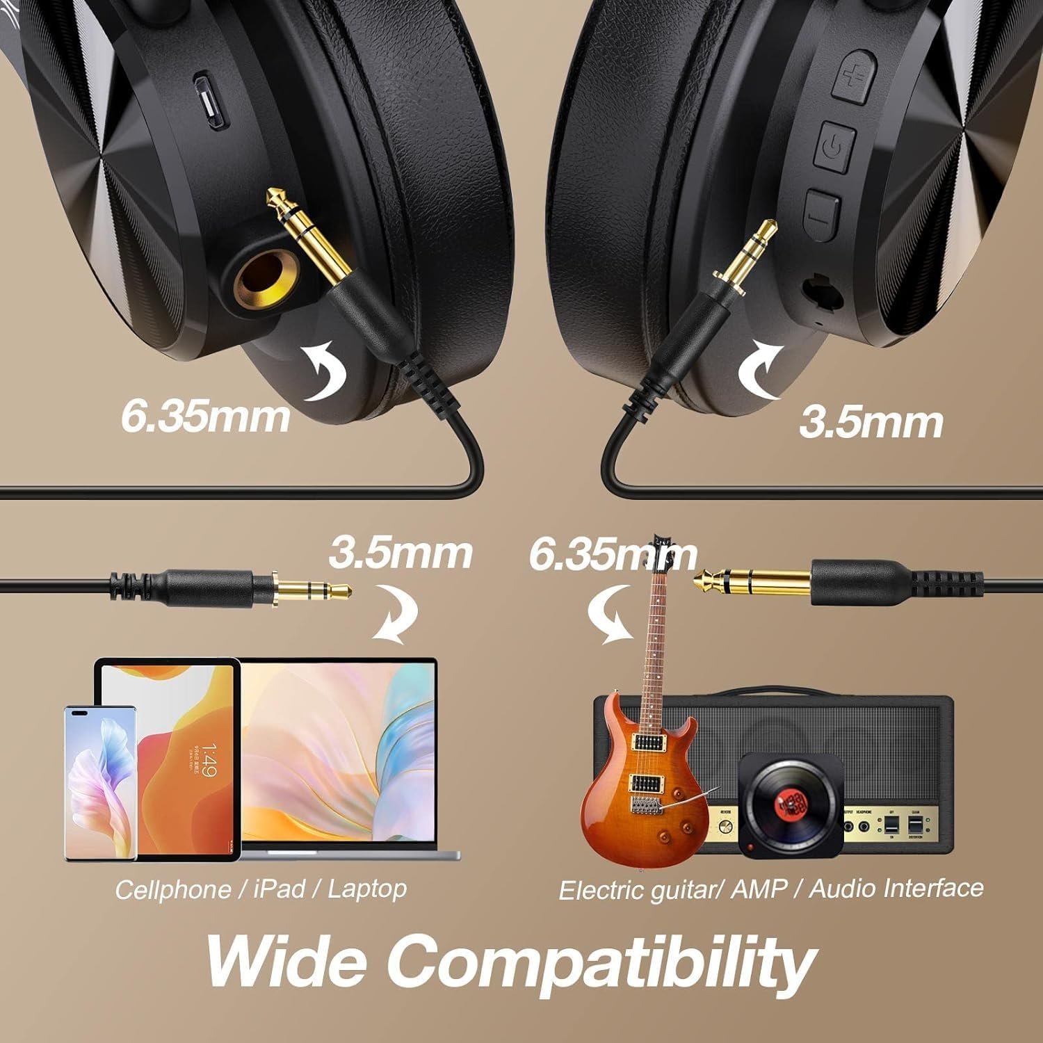 OneOdio A70 Bluetooth Over Ear Headphones, Wireless Headphones with 72H Playtime, Hi-Res, Built-in Mic, 3.5mm/6.35mm Wired Audio Jack for Studio Monitor & Mixing DJ Guitar AMP, Computer PC Gaming - Image 4