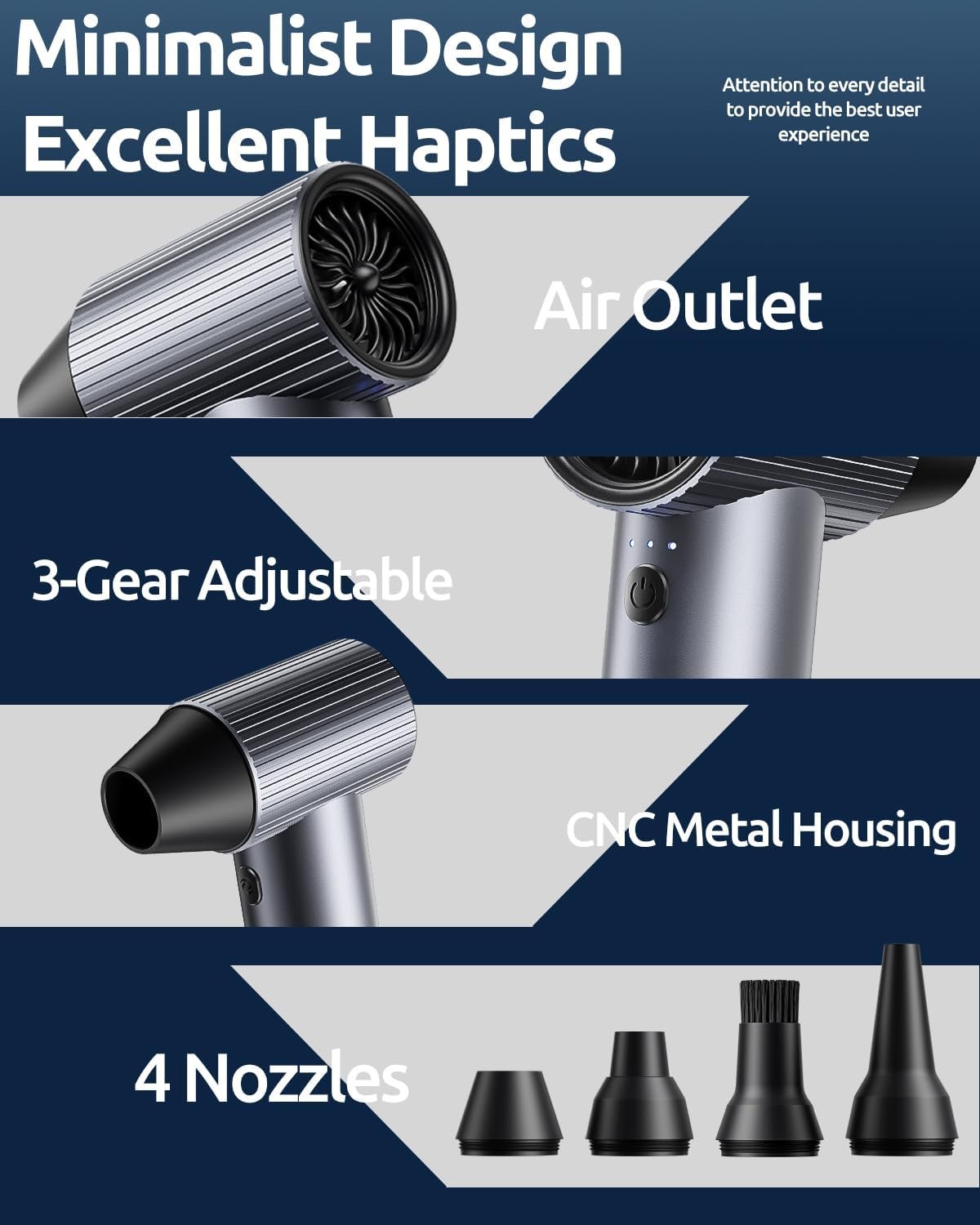 COSANO Full-Metal Jet Dry Mini Blower – 300,000 RPM Electric Air Duster – Rechargeable Compressed Air Blower – High-Power Air Duster with 3 Speeds & 4 Nozzles for Keyboards, Car and Outdoors Cleaning - Image 6