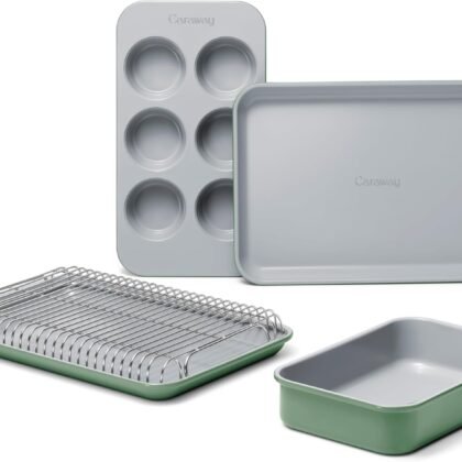 Caraway Mini Bakeware Set – Naturally Non-Stick, Non-Toxic Ceramic Coating – Compact Baking Pans Set for Small Kitchens & Ovens – Includes Baking Sheets, Muffin Pan, Cooling Rack & Storage - Sage