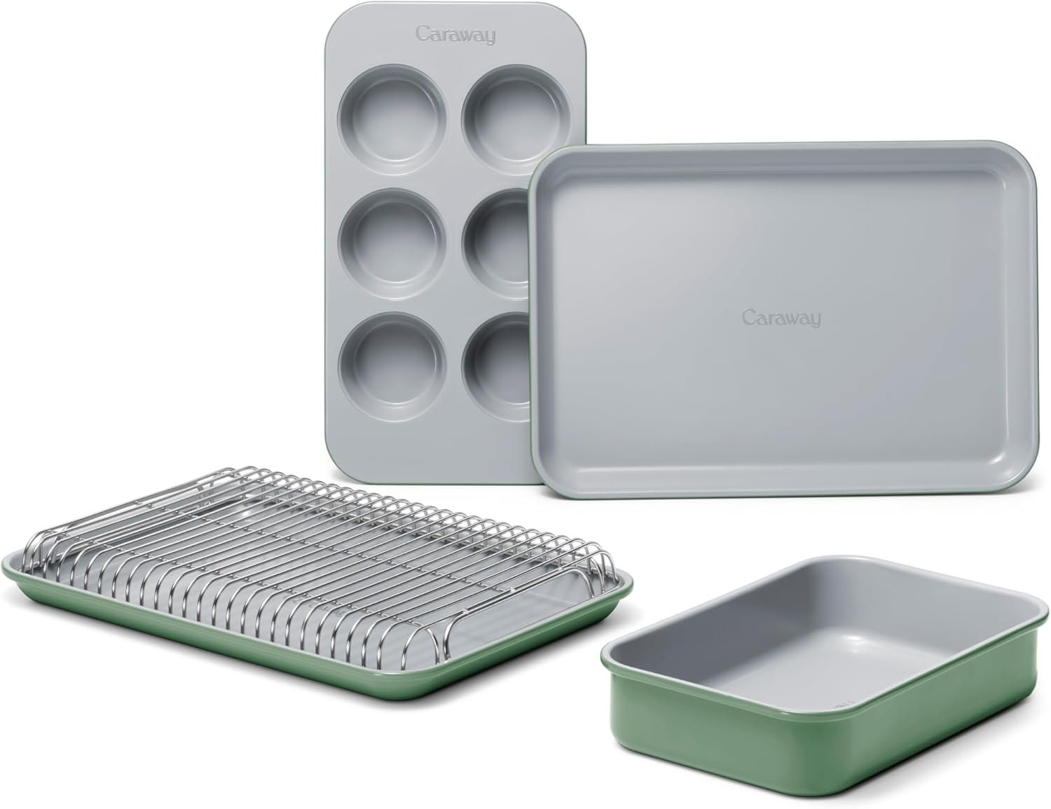 Caraway Mini Bakeware Set – Naturally Non-Stick, Non-Toxic Ceramic Coating – Compact Baking Pans Set for Small Kitchens & Ovens – Includes Baking Sheets, Muffin Pan, Cooling Rack & Storage - Sage