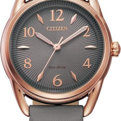 Citizen Women's Eco-Drive Dress Classic Watch in Rose-tone Stainless Steel with Grey Leather Strap, Grey Dial (Model: FE1218-05H)
