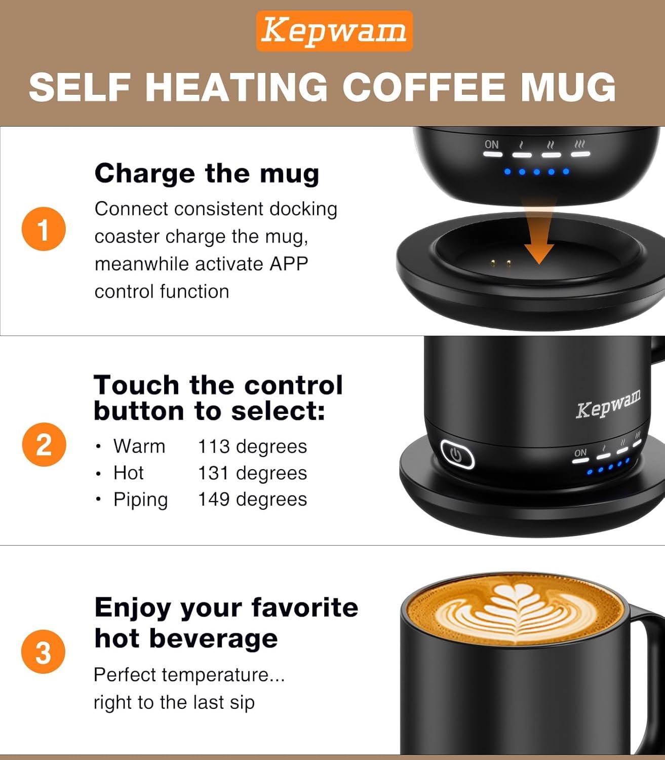 Self Heating Coffee Mug T1-16oz Fast Heating & Ultra Long-Lasting Battery Life, Heated Coffee Mug Up to 149℉ - Touch & App Controlled Coffee Mug, Birthday Gifts for Women and Men - Image 3
