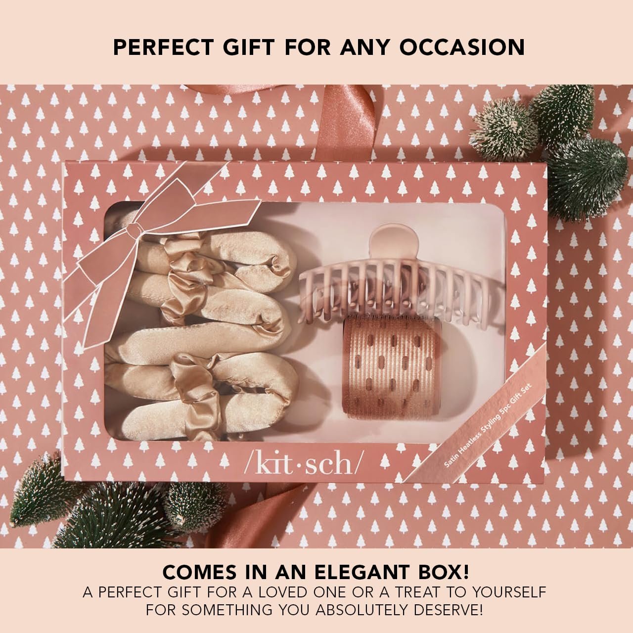 Kitsch Satin Heatless Hair Curler Styling 5pc Gift Set - Satin Heatless Hair Curler w/ 2 Scrunchies, Ceramic Thermal Roller & Claw Clip, Gifts for Women, Hair Roller Styling & Accessories- Champagne - Image 7