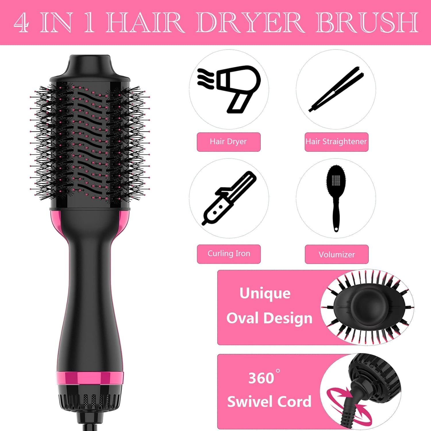 Hair Dryer Brush, 4 in 1 One Step Hair Dryer and Styler Volumizer, Professional Hot Air Brush with Negative Ion Anti-frizz Blowout for Drying, Straightening, Salon, Black Pink - Image 2