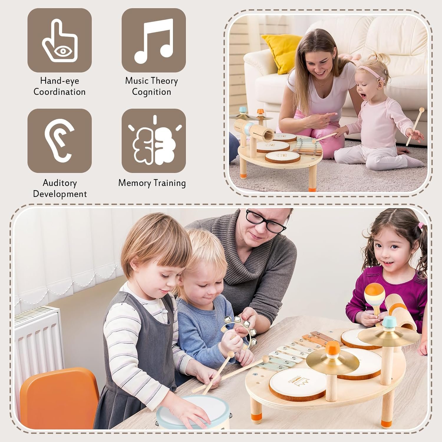 Drum Set for Toddler - Toys for 2 3 4 Year Old Girls Boy Gifts - 9 in 1 Wooden Montessori Musical Instruments with Xylophone for Kids 3-5, Christmas Birthday Gifts for Toddlers 2-4 - Image 3