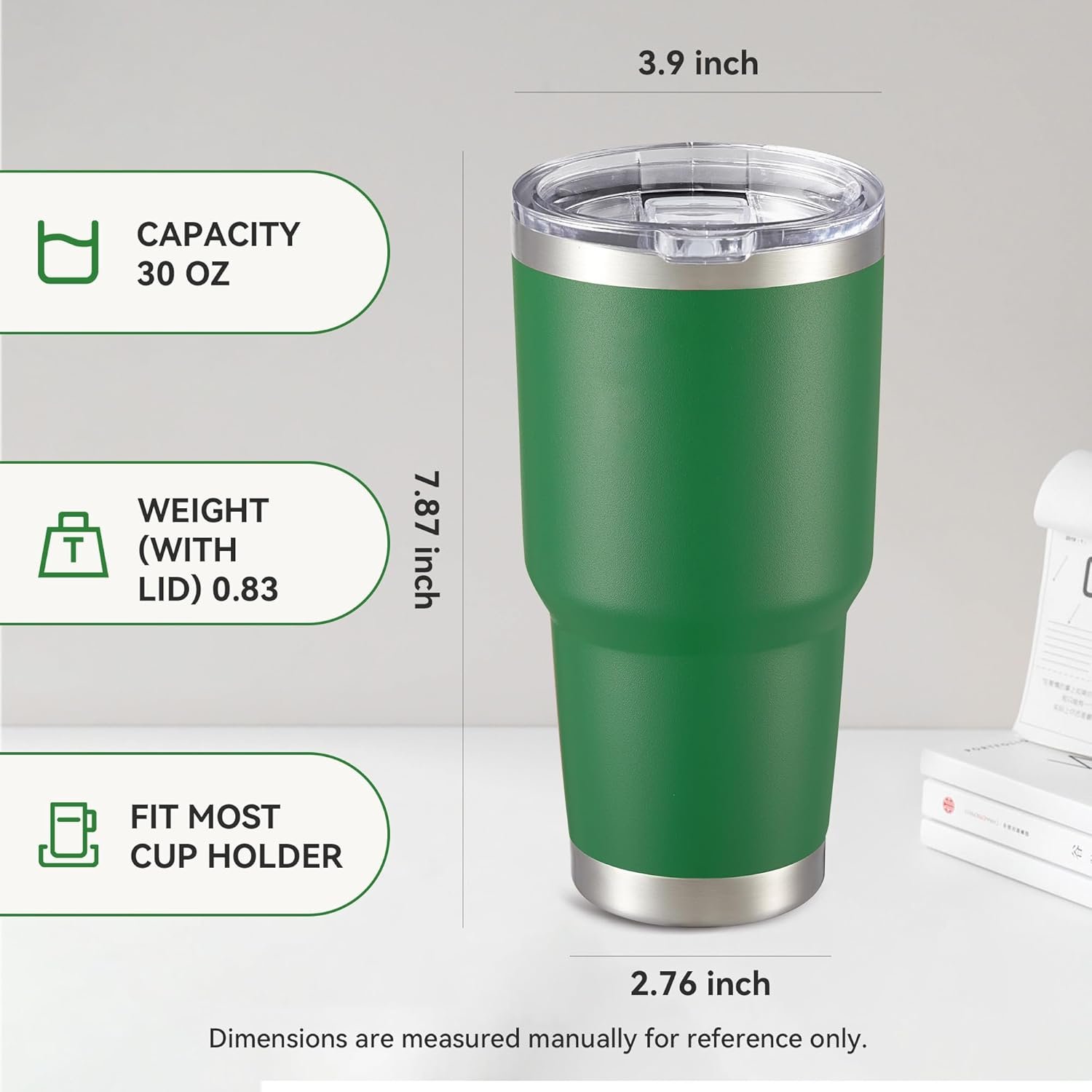 30 oz Tumbler with Lid Stainless Steel Tumblers Vacuum Insulated Cup Reusable Powder Coated Travel Mug Double Wall Leak Proof Portable Cups Keep Cold Drinks for 12 Hours, Dark Green, 1 Pack - Image 4