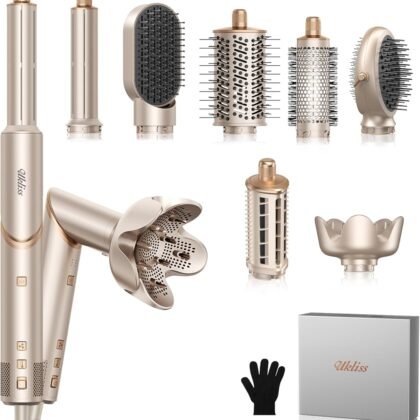 Ukliss 8 in 1 Hair Dryer Brush & Multi Hot Air Styler–Foldable 110,000 RPM Blow Dryer Brush Tool Set with Diffuser Auto-Wrap Curler for Fast Drying Curling Straightening Hair Daily Styling (1.25'')