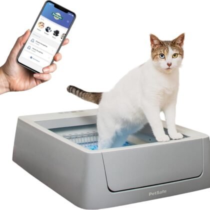 PetSafe ScoopFree Crystal Smart Automatic Litter Box - Uncovered Motion-Sensing Cat Box with Integrated Health Counter & App - Includes 1 Disposable Crystal Litter Tray