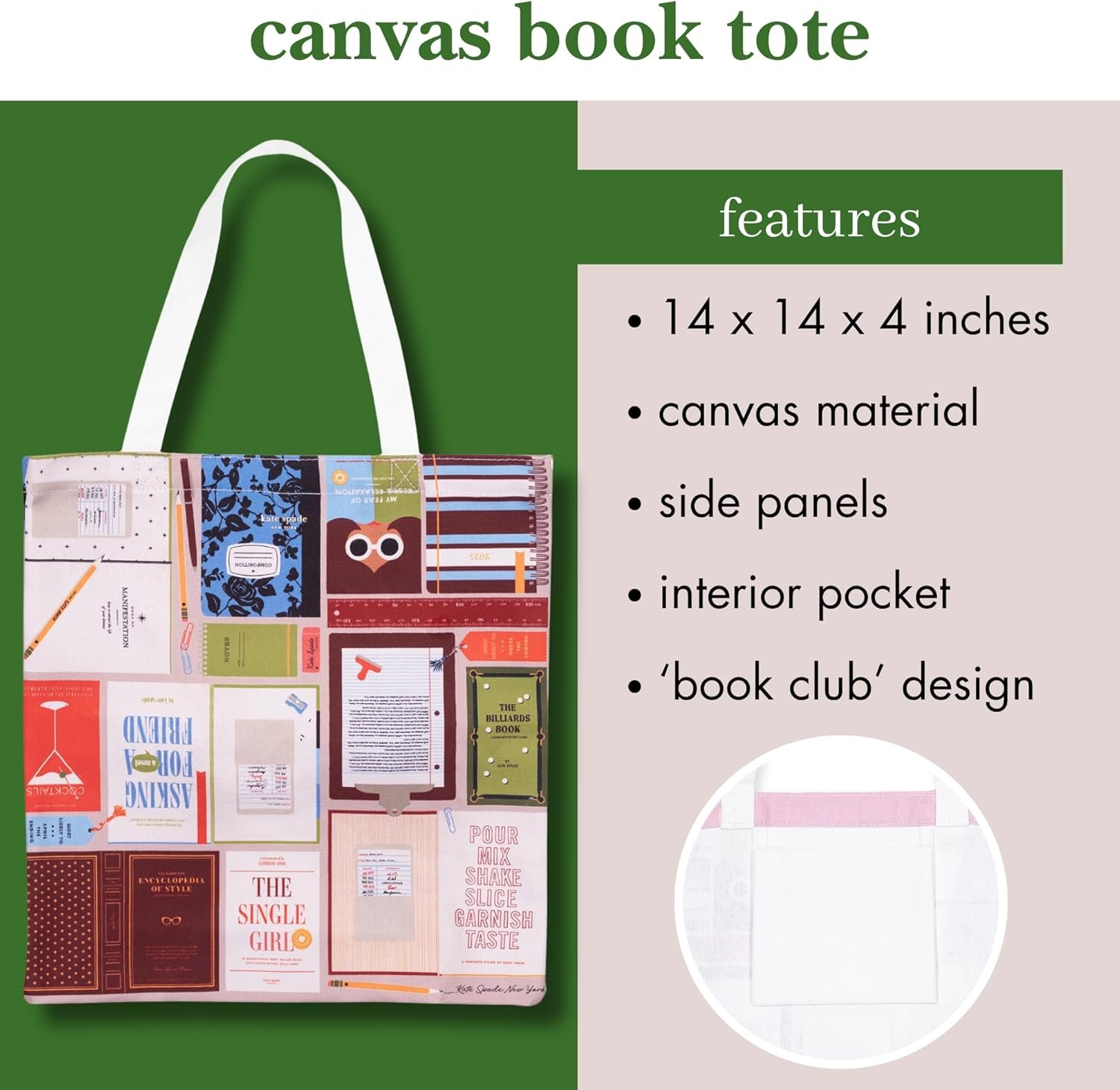 kate spade new york Cute Canvas Tote Bag for Women, Canvas Beach Bag, Book Tote with Pocket (Book Club) - Image 5