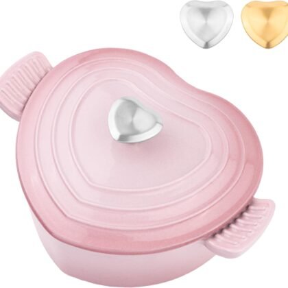 Mabeeze Heart-Shaped Enameled Cast Iron Dutch Oven – 2-Quart Casserole Pot with Lid, Gradient Pink – Nonstick, Oven-Safe, Compatible with All Cooktops – Ideal for Baking, Braising & Serving