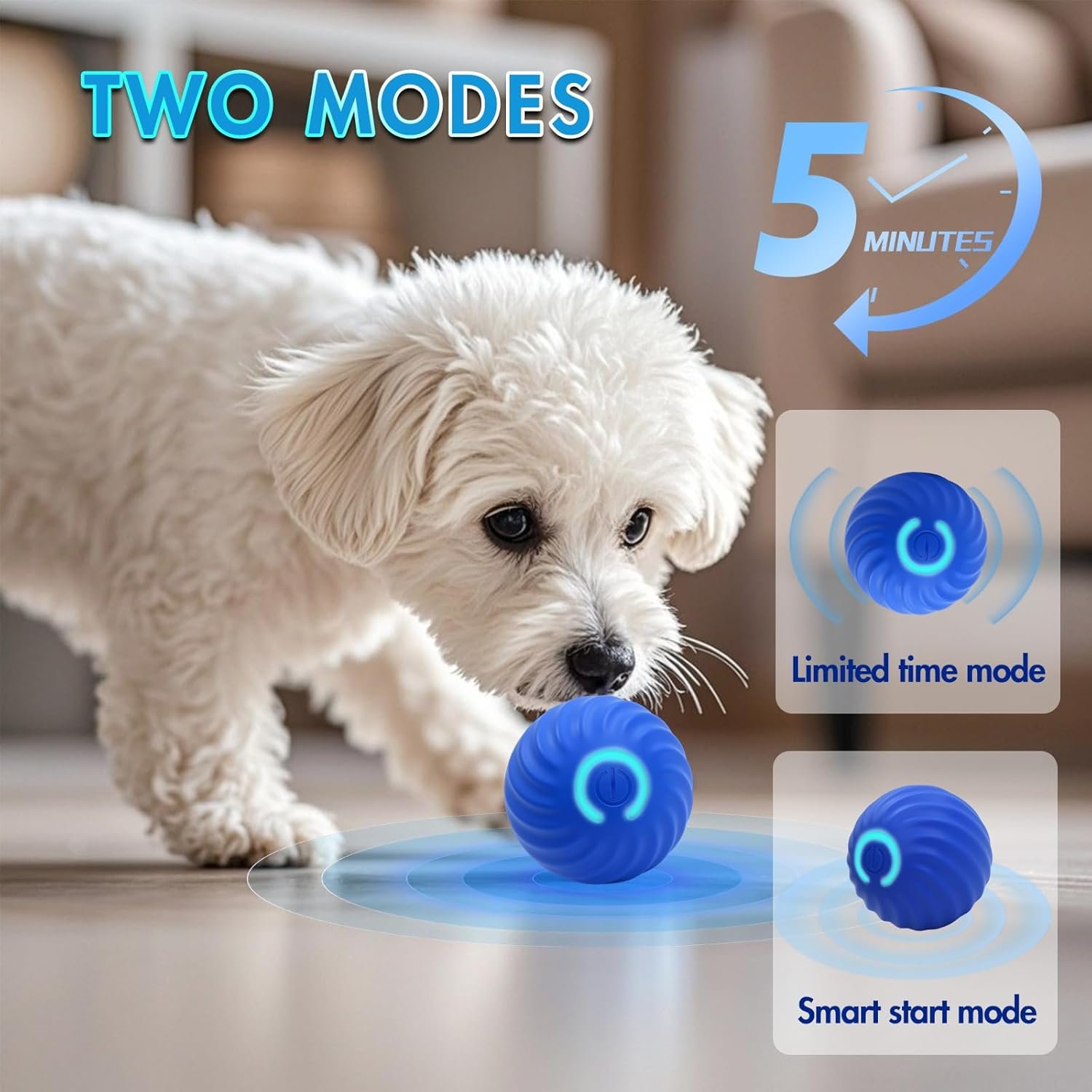 Interactive Dog Ball Toys - Smart Electric Dog Toys to Keep Them Busy with 2 Cover, Automatic Rolling and Jumping Pet Balls Ball for Dogs - Cats, Pet Interactive Toy Balls - Rechargeable, Blue - Image 2