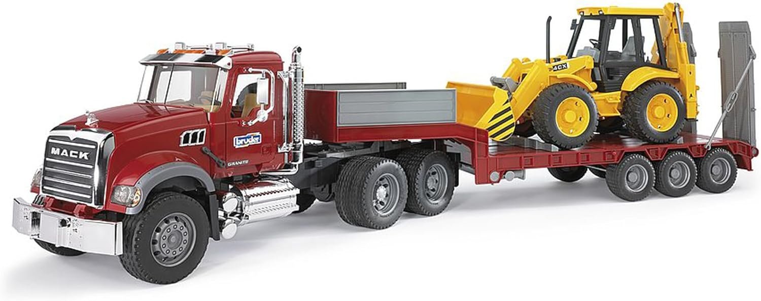 Bruder Toys 02813 Mack Granite Flatbed Truck with JCB Loader Backhoe - Image 3