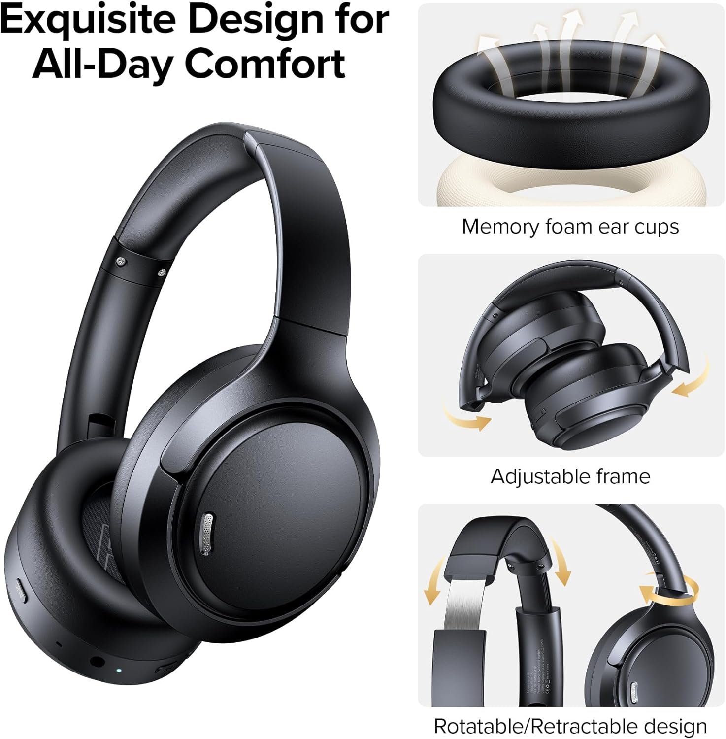 Hybrid Active Noise Cancelling Headphones Wireless, 120Hrs Playtime, 6 ENC Clear Mic, Over Ear Bluetooth Headphones with Hi-Res Audio Comfort Earcup Foldable ANC Headphone for Travel Game Home Office - Image 6
