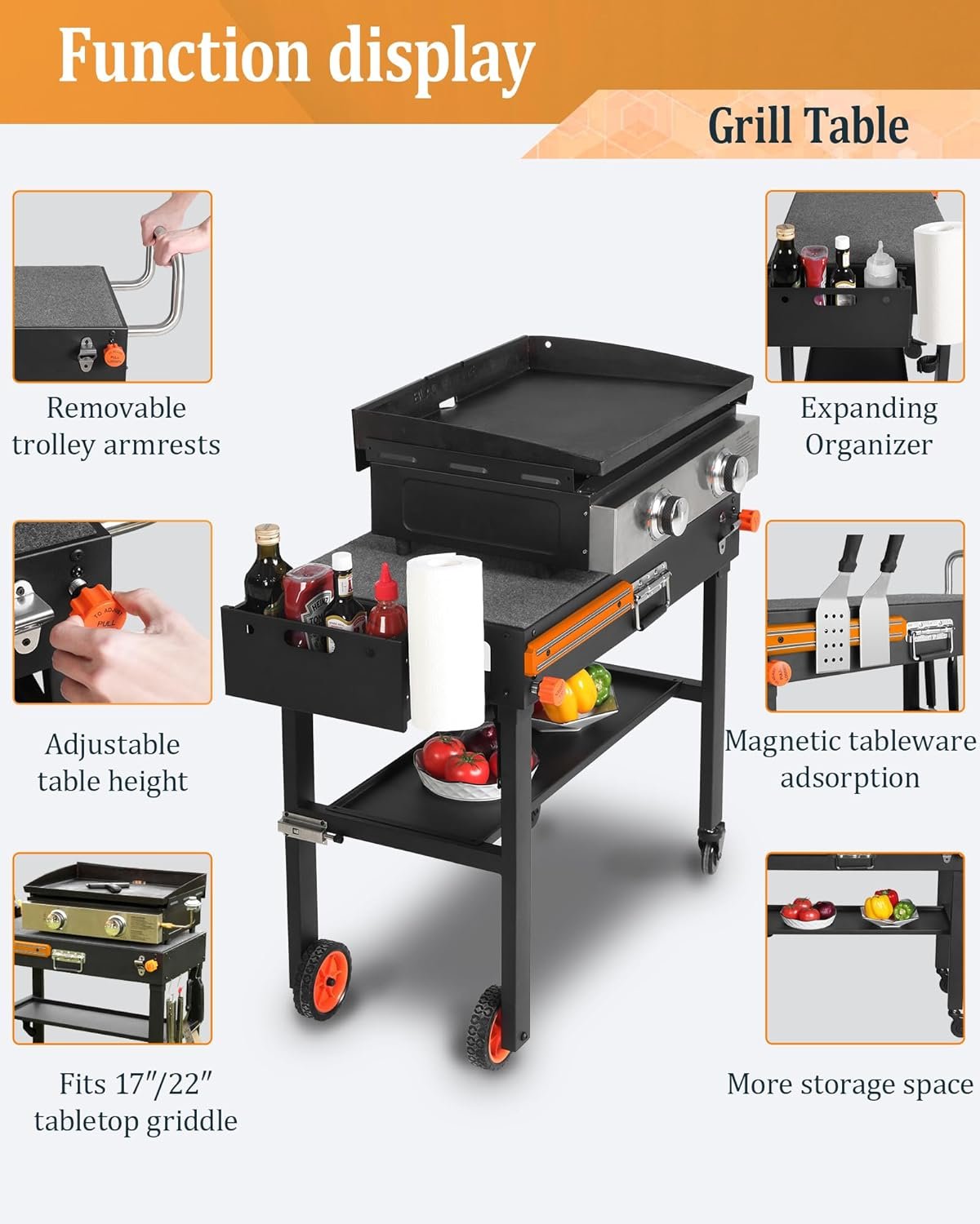 Grill Table For Blackstone Griddle 22 and 17 Inch, Grill Carts Outdoor With Wheels, Used for Weber And Ninja, Foldable Quickly Blackstone Stand Suitable for Travel/Camping And Outdoor Meals - Image 7