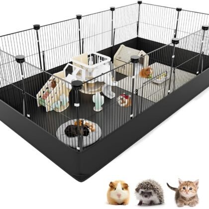 Tresbro Guinea Pig Cage with Waterproof PVC Bottom Liner & One-Hand Release Hook, Triple Fixing C&C Cage for Guinea Pigs, Bunny, Rabbit, Hedgehog, Small Animal Indoor Playpen 48''L x 24''W x 16''H