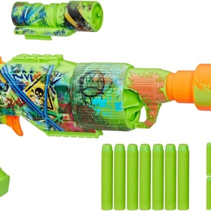 NERF Zombie Driller Dart Blaster, 16 Nerf Elite Darts, Rotating 5 Dart Cylinder, Removable Scope, Outdoor Games, Ages 8+