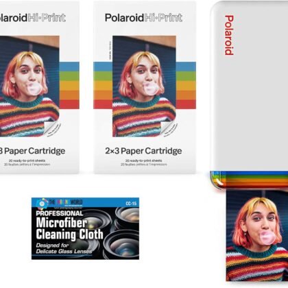 The Imaging World Polaroid Hi-Print - Bluetooth Connected 2x3 Pocket Phone Photo Printer with 2 Polaroid Hi·Print 2x3 Paper Cartridges (40 Sheets) Microfiber Cloth