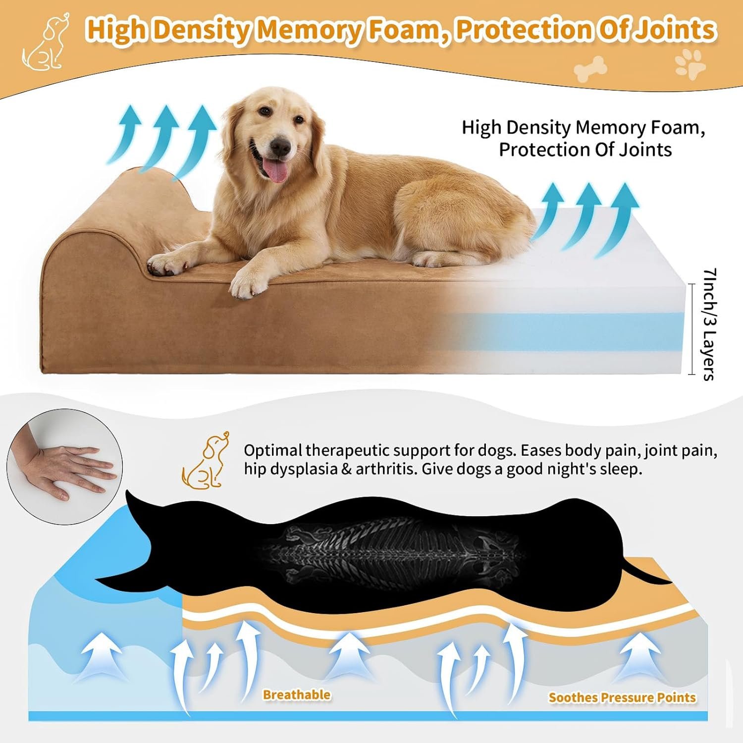 Orthopedic Dog Beds for Large Dogs, 7" Memory Foam Dog Beds with Waterproof Liner, Chew Proof Microsuede Cover, Removable and Washable, Nonskid Bottom, 48"x30"x7" L Khaki - Image 3