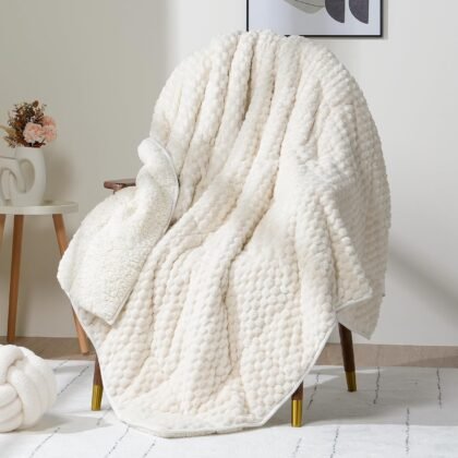 Wemore Fleece Weighted Blanket for Adults (60" x 80" 15lbs, Cream White), Dual Sided Cozy Soft Sherpa Heavy Blanket with 3D Imitation Turtle Shell Warm Jacquard Flannel for Couch and Bed