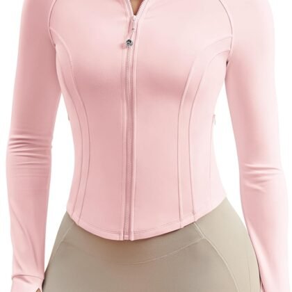 BareLuxe Womens BBL Jacket with Pockets, Snatched Fit Zip Up Athletic Cropped Jackets for Women Thumbholes