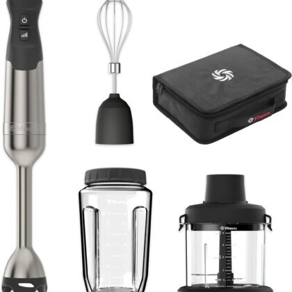 Vitamix 5-Speed Immersion Blender 5-Piece Bundle, 625-Watt Motor, One-Handed Operation, 5 ft cord, includes Mini-Chopper, Blending Jar, Whisk Attachment & Storage Case, Stainless Steel/Black