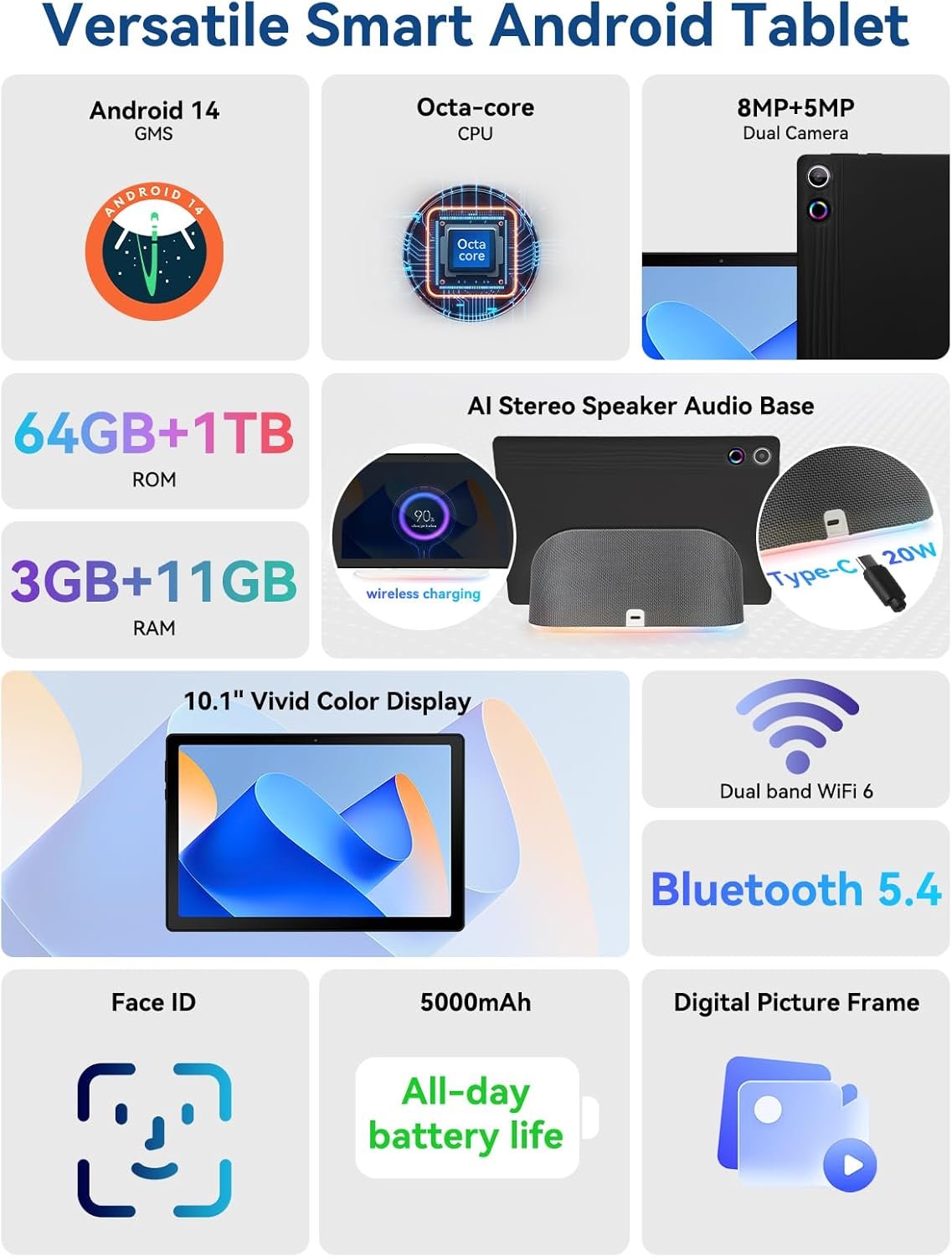 2025 Upgraded Android Tablet with Charging Speaker Dock, 2 Years Protection, Otca-Core CPU, 14GB+64GB Storage with 1TB Expansion, WiFi 6, BT5.3, Google Tablet, US Version - Image 3