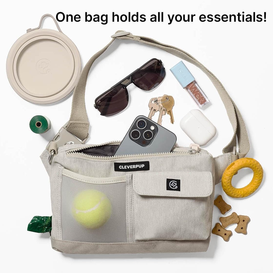 Dog Walk & Train Sling Bag - Hands-Free 2-In-1 Treat Pouch, Poop Bag Holder, Clicker, Phone Pocket - Crossbody/Fanny Pack, Adjustable Strap - Sand - Image 8