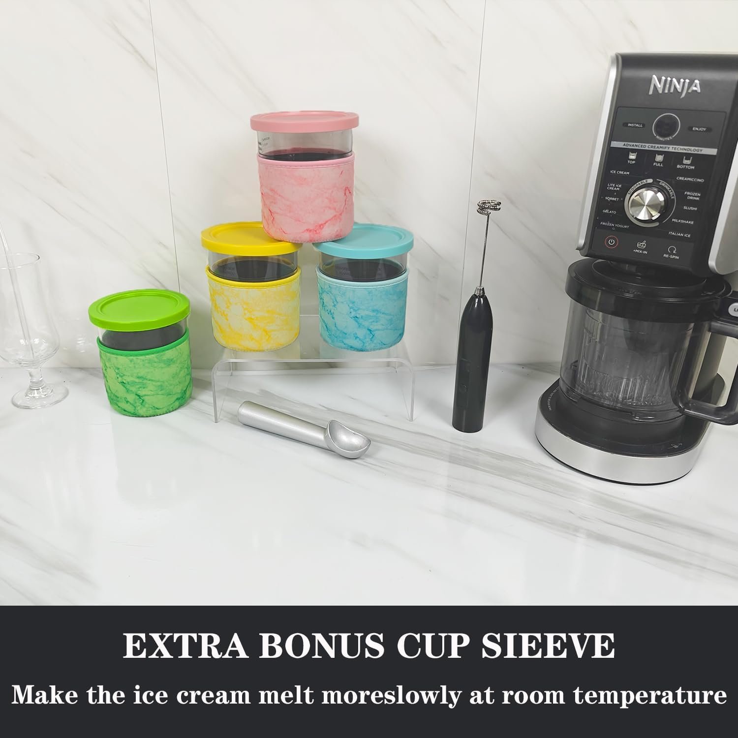 for Ninja Creami Deluxe 24OZ Pints and Lids 4 Pack with Neoprene Sleeve,Family Ice Cream Storage Containers for Ninja Creami Maker 11-in-1 NC501 NC500 Series (Dishwasher Safe Reusable Leak Proof) - Image 7