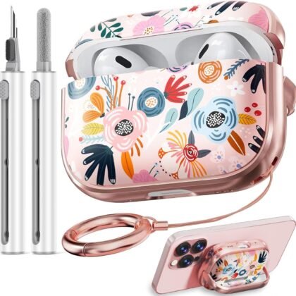Inesore for AirPods Pro 2nd Generation Case Cover with Lock, Flowers Cute AirPod Pro 2 Case Hard iPod Pro Cases for Women Girls with Cleaner Kit for AirPod Pro Cases (2023 USB-C /2022/2019) - Pink