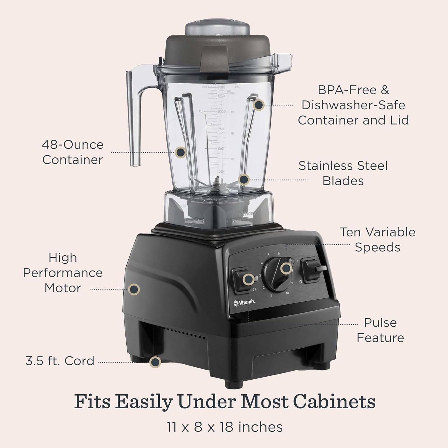 Vitamix Explorian E310 Blender, Professional-Grade Kitchen Blender for Smoothies, Soups, Juices and More, 10-Speed, Stainless Steel Blades, Self-Cleaning Kitchen Appliance, 48 Oz Container, Black - Image 4