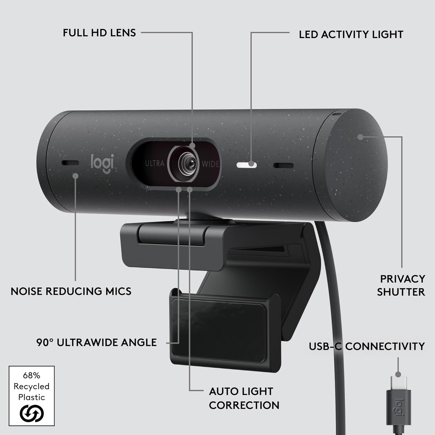 Logitech Brio 500 Full HD Webcam with Auto Light Correction, show Mode, Dual Noise Reduction Mics, Webcam Privacy Cover, Works with Microsoft Teams, Google Meet, Zoom, USB-C Cable, Streaming -Graphite - Image 8