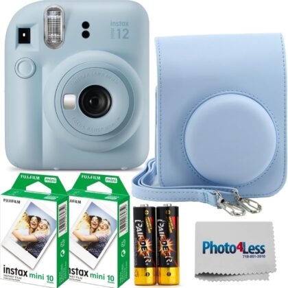 Fujifilm Instax Mini 12 Instant Film Camera Pastel Blue, Fujifilm Instax Mini Twin Pack Instant Film 20 Prints, Prtotective Case, Gift Bundle