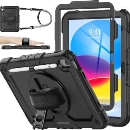 SEYMAC stock Case for iPad (A16) 11th/10th Generation 11''/10.9'' 2025/2022, Full-Body Drop Protection Case with Screen Protector &360° Rotate Hand Strap/Stand, Black