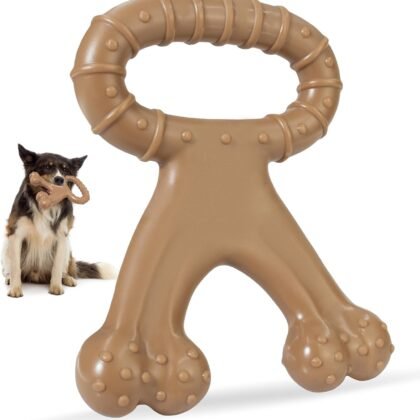 Durable Dog Chew Toy for Aggressive Chewers, Indestructible Nylon Bone with Beef Flavor, Dog Toy for Dental Care and Teeth Cleaning, Anxiety Relief for Small, Medium, and Large Dogs (Brown)