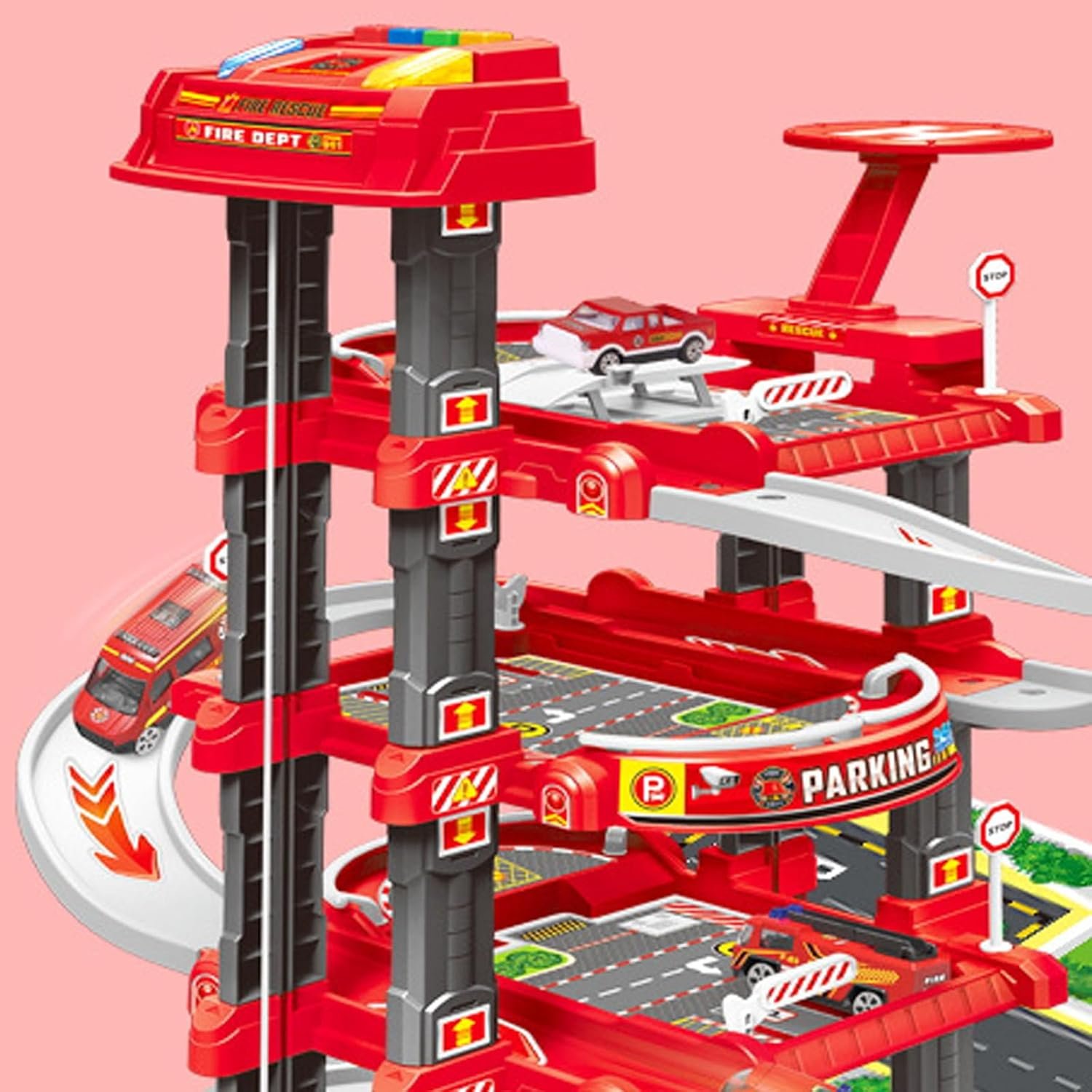 Ultimate Garage Track Set Compatible with Hot Wheels Cars with 2 Toy Cars and 1 Helicopter, with Multi-Level Side-by-Side Racetrack(Firefighting Main Track) - Image 3