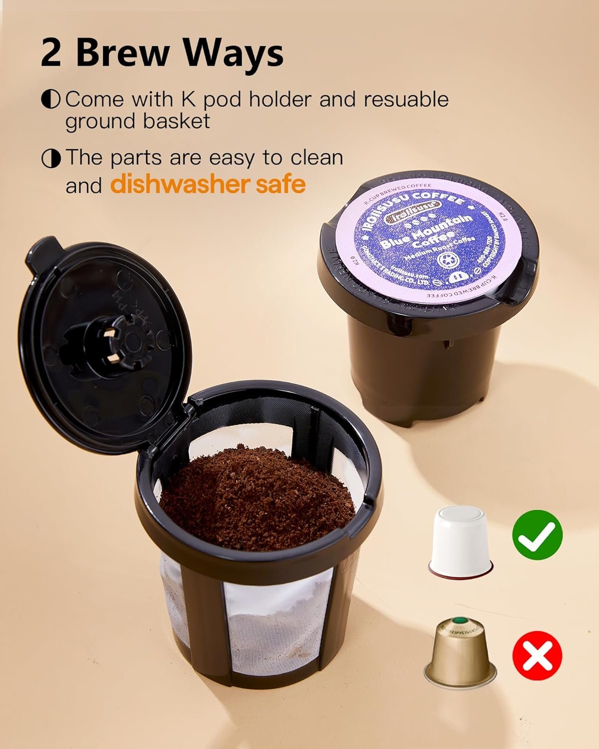 Single Serve One Cup Coffee Maker, for K Cups and Grounds, Mini Coffee Maker with Portable Handle, 6 to 12 Oz Brew Size, for Travel, Camping, Office, RV and Dorm, 120V, Black and Gold - Image 8