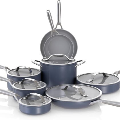 Ninja Ceramic Pro 14-Piece Cookware Set, Non-Stick Pots & Pans Set with Glass Lids, Nontoxic, PTFE Free, Ceramic Coated, Oven Safe, All Stovetops & Induction Compatible, Midnight Blue, CW39014MM