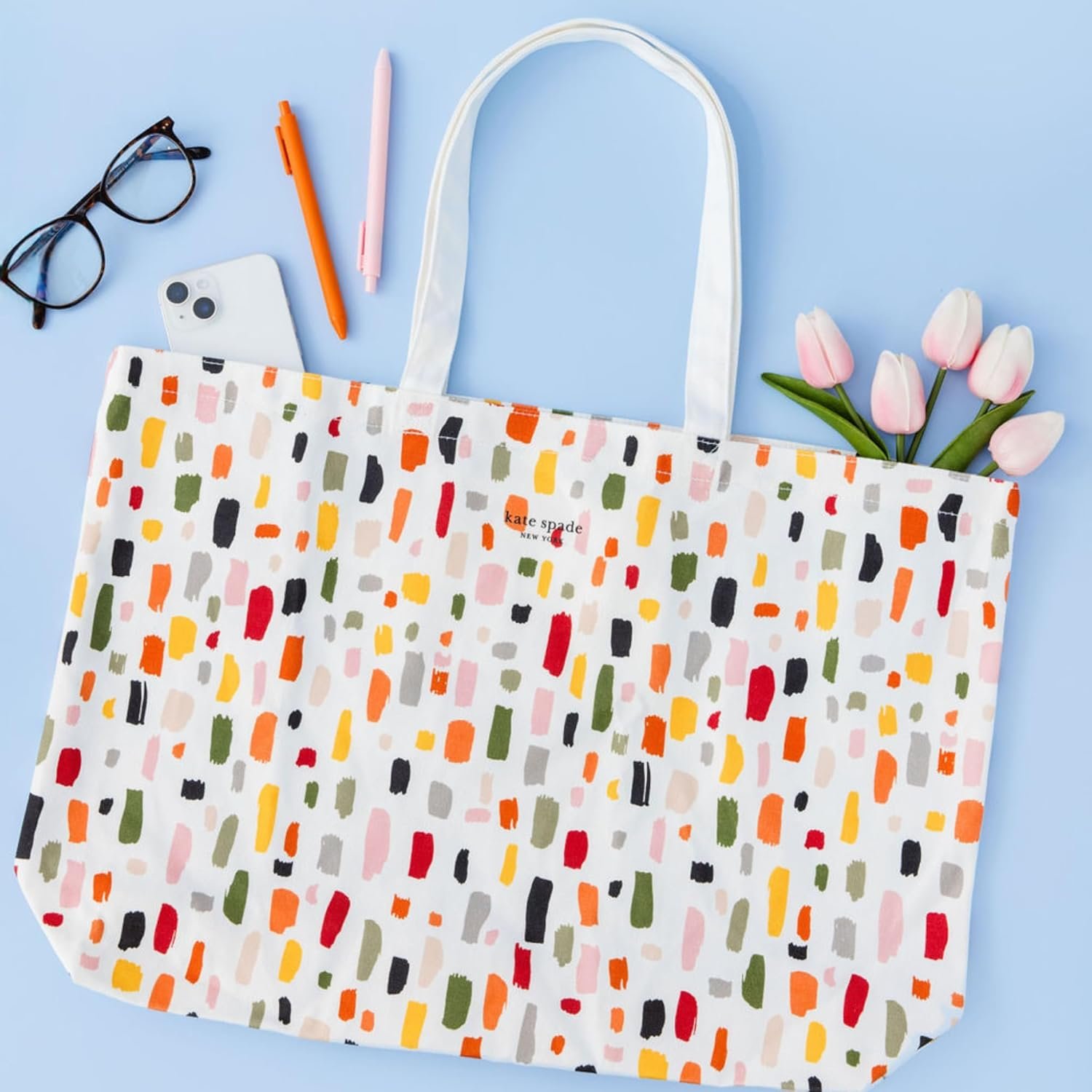 kate spade new york Large Canvas Tote Bag for Women, Cute Tote Bag for Work or Teacher, Canvas Beach Bag, Book Tote with Pocket, Painterly Strokes - Image 5