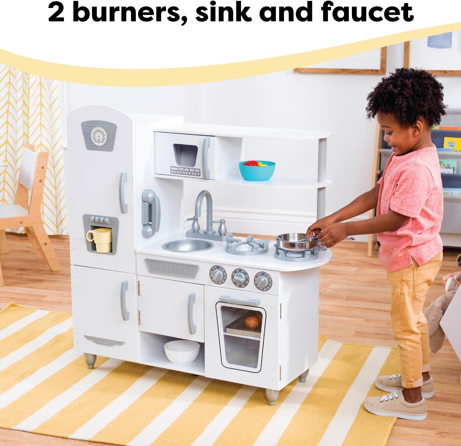 KidKraft Vintage Wooden Play Kitchen with Pretend Ice Maker and Play Phone, White - Image 6