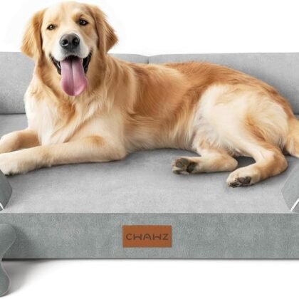 Extra Large Dog Bed, Orthopedic Dog Bed with Cooling Gel Memory Foam, Waterproof XL Pet Bed with Removable Washable Cover, 42" Pet Sofa Couch Dutch Velvet with Bone Toy, Light Gray