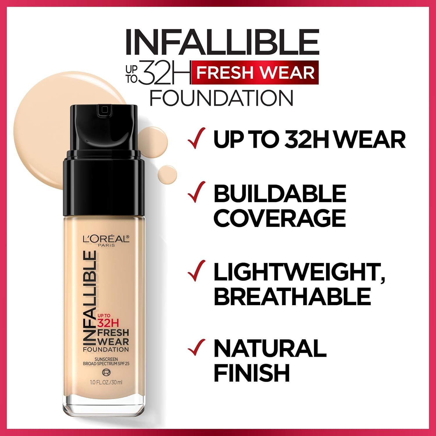 L'Oreal Paris Makeup Infallible Up to 32 Hour Fresh Wear Lightweight Foundation, 411 Beige Ivory, 1 Fl Oz, Packaging May Vary - Image 3