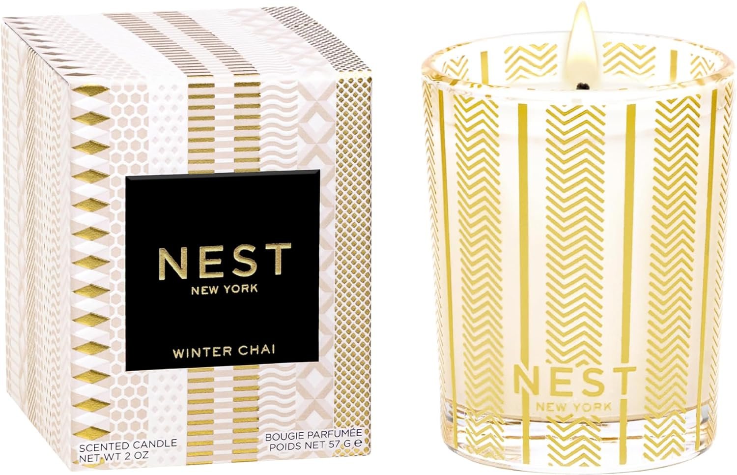 NEST New York Scented Votive Candle, Winter Chai - 2 oz - Up to 28-Hour Burn Time - Reusable Glass Vessel