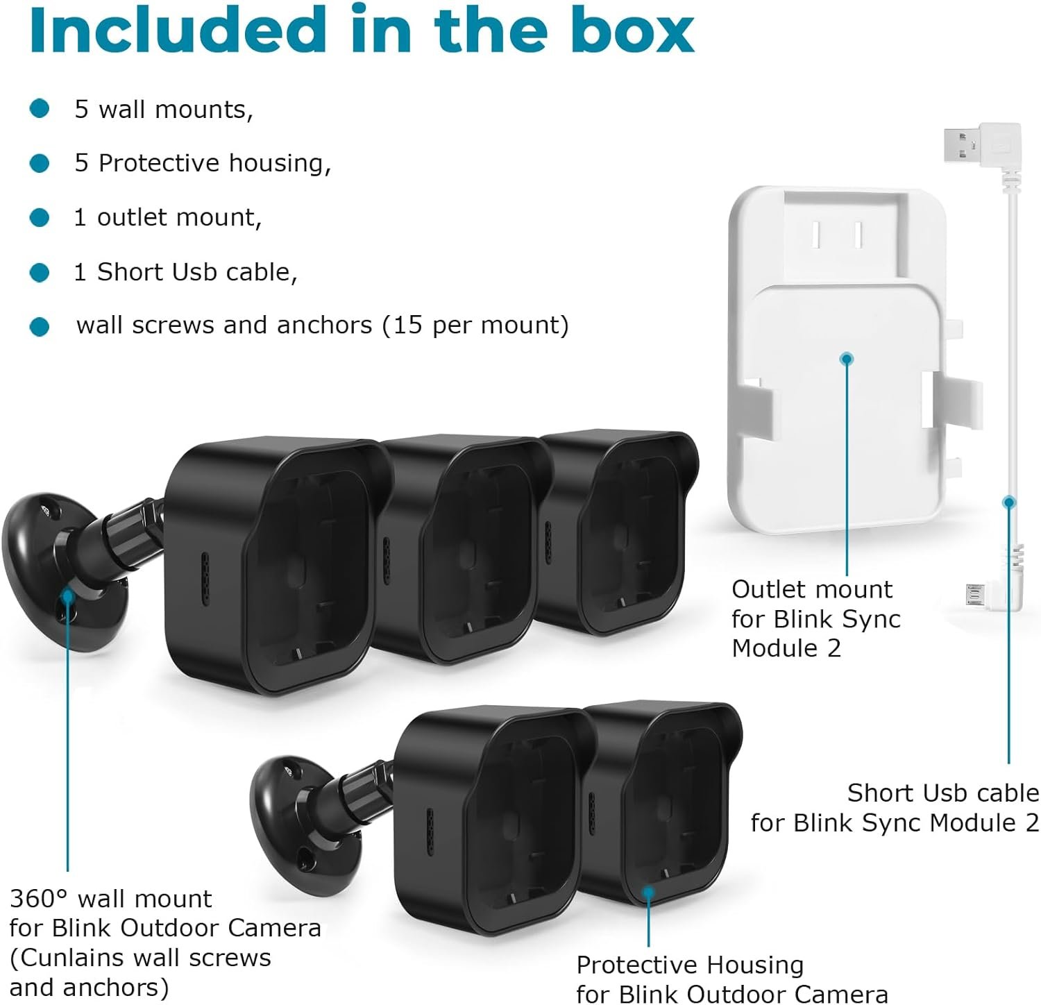 Blink Outdoor Camera Wall Mount Compatible with 4 (Newest Model)& 4th Gen,5 Pack Weatherproof Protective Housing,360 Degree Adjustable with Blink Sync Module 2 Outlet Mount for Blink Camera System - Image 7