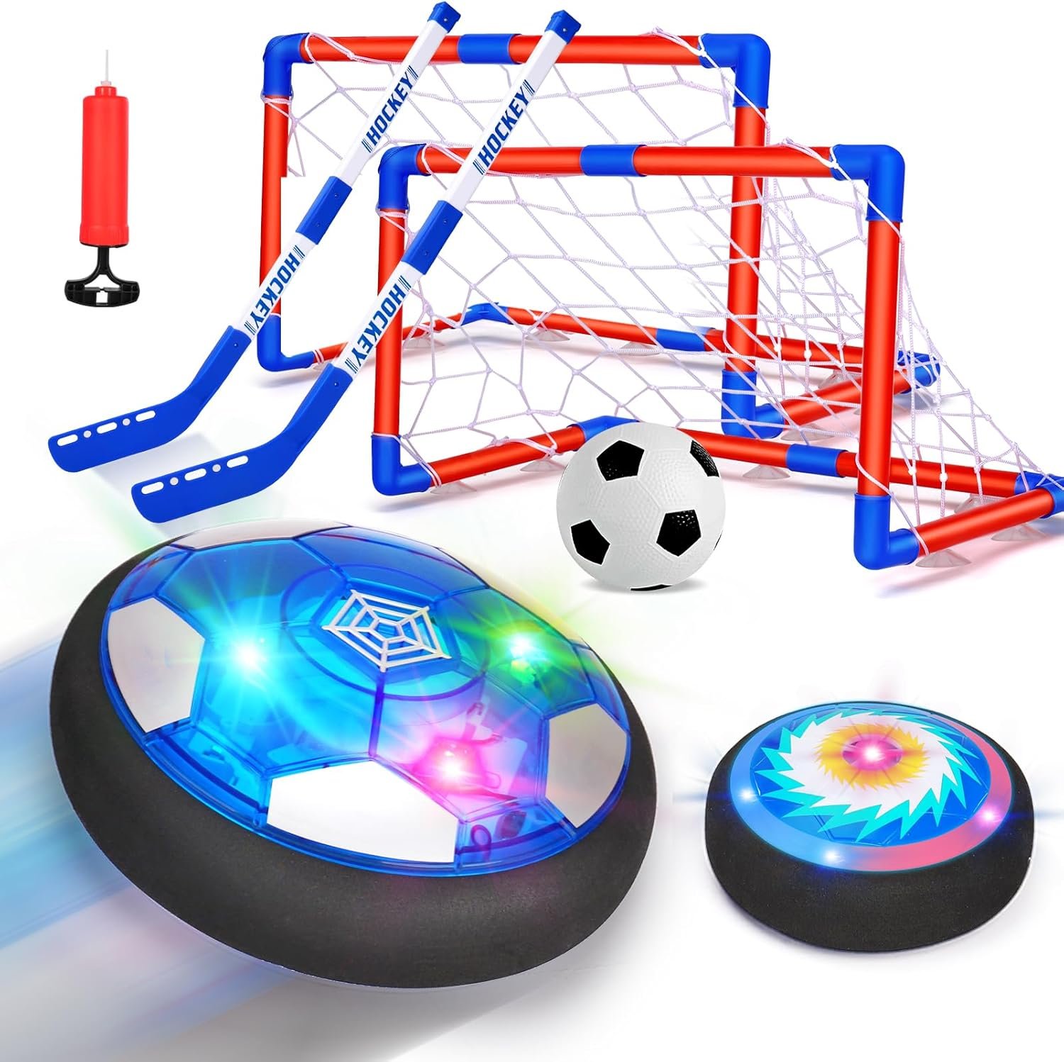 Qirptey 3 in 1 Hover Soccer Ball Toddler Hockey Set with LED Lights Indoor Toys for Kids Soccer Gift for Boys 6-8 8-12 Kids Sports Soccer Games 3 4 5 6 7 8 Year Old Boy Age 4-8 Birthday Gift