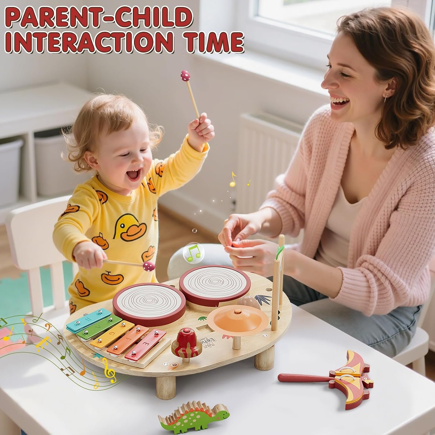 Lehoo Castle Baby Drum Set, Wooden Musical Instruments, Montessori Toys for Toddlers 1-3, Percussion Set with Xylophone Maracas Egg Shaker Drum Sticks, Preschool Christmas Birthday Gift - Image 4