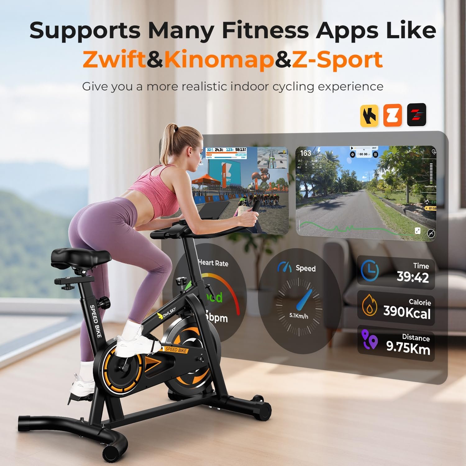 OWLSKY Exercise Bike with APP, Magnetic Resistance Indoor Cycling Bike, 300 lbs Capacity Quiet Stationary Bike for Home Gym Cardio Workout, Adjustable Seat & Tablet Holder - Image 2
