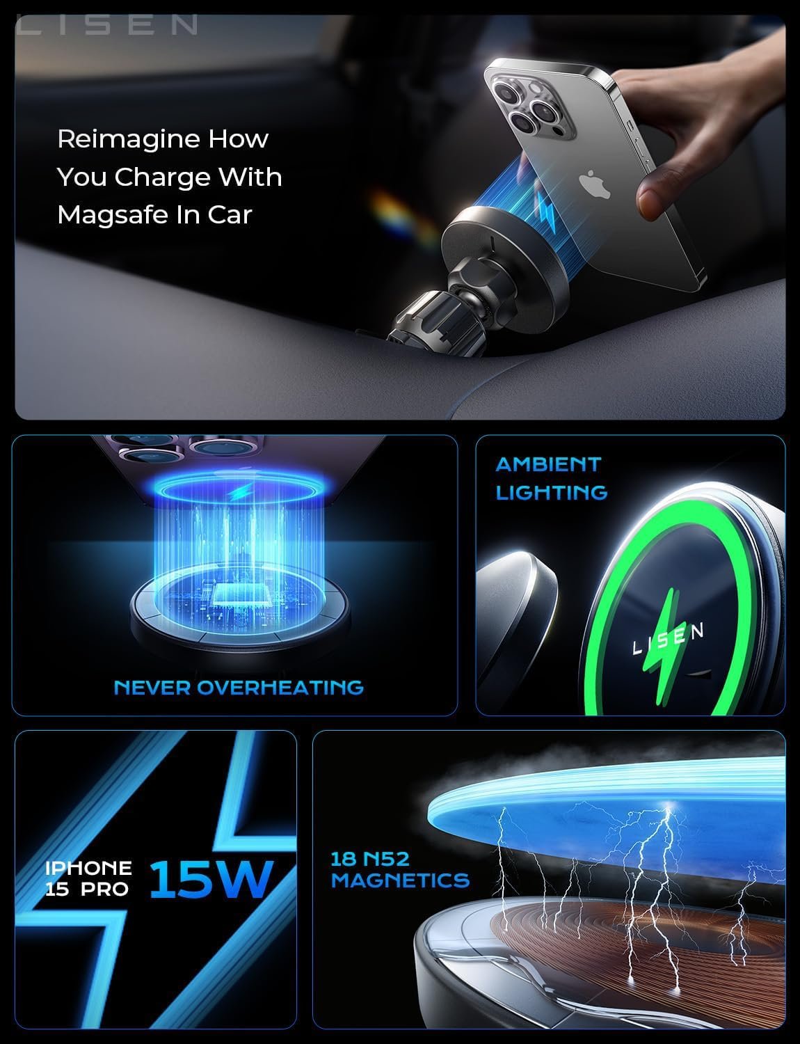 LISEN for 15W MagSafe Car Mount Charger,Magnetic Wireless Car Charger for iPhone 17 Pro Max Accessories,Magnetic Phone Holder for iPhone 17-12,Samsung,Pixel,Jeep Ford F150 Accessories,Gifts - Image 3